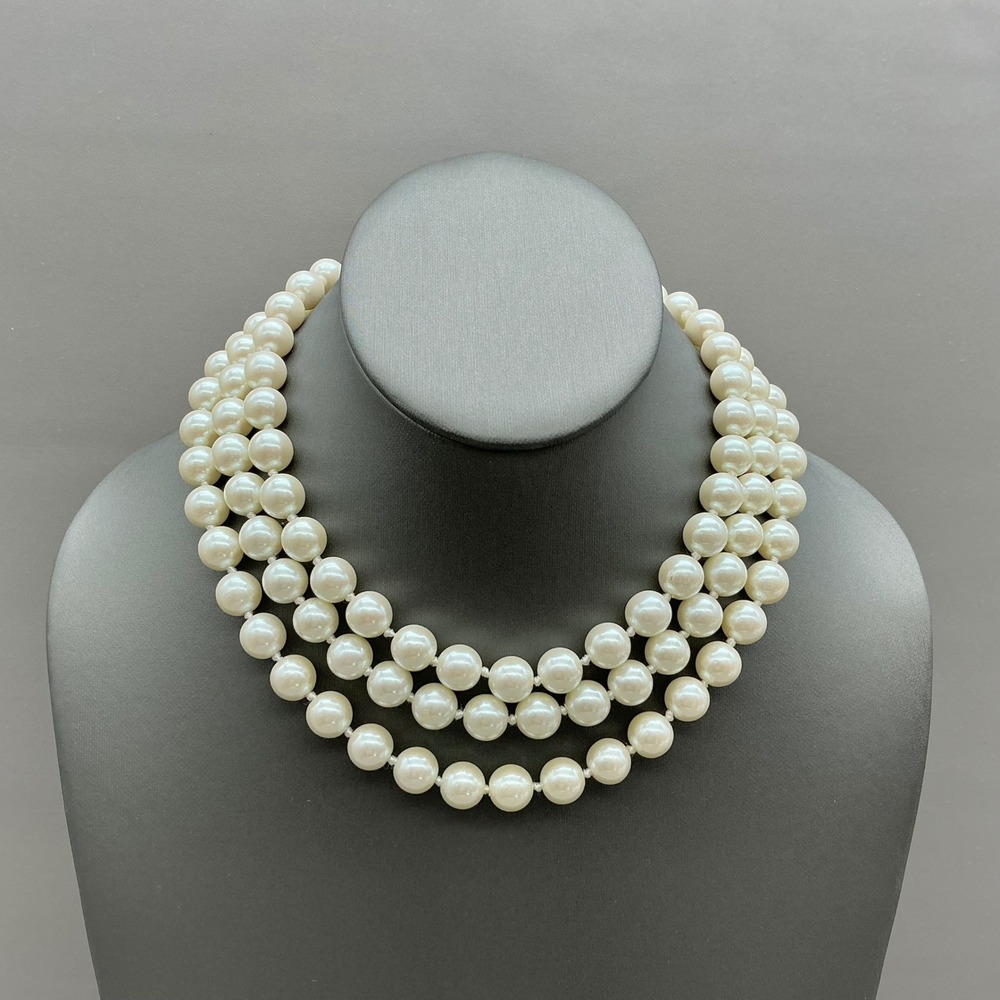 Necklace Women Cream Tone Faux Pearl Triple Strand Vintage Classic 16 Inch